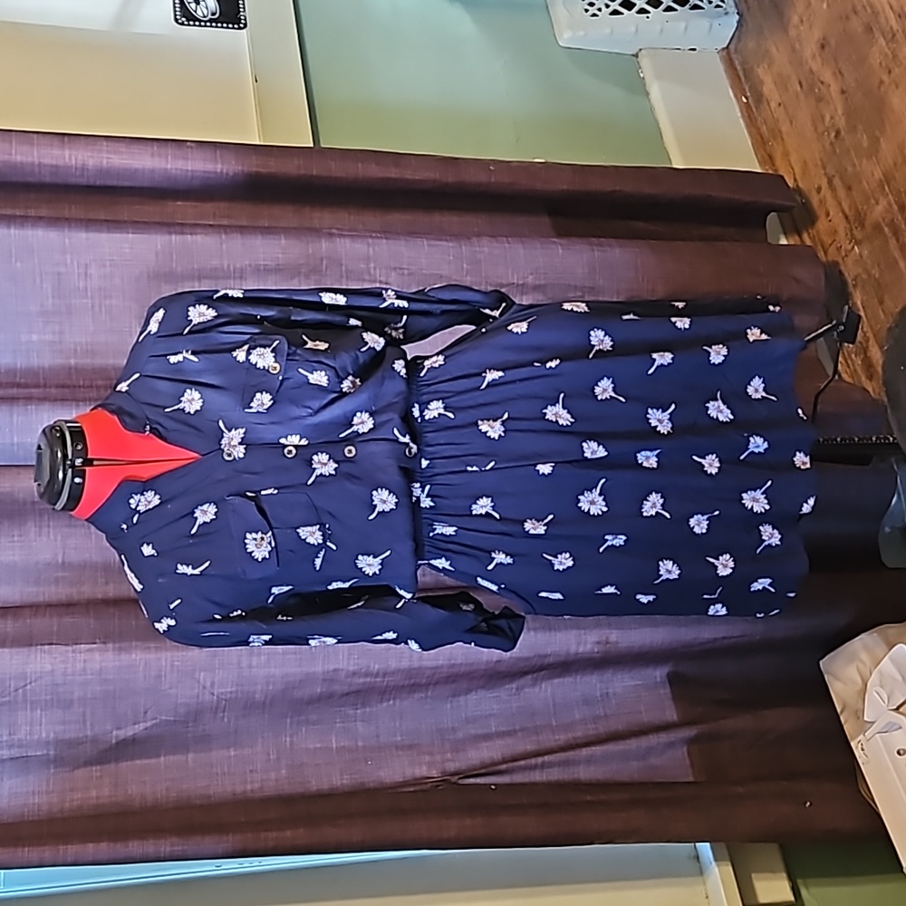 Angie Dark Blue Foral Print Roll Sleeves - Picture 1 of 7
